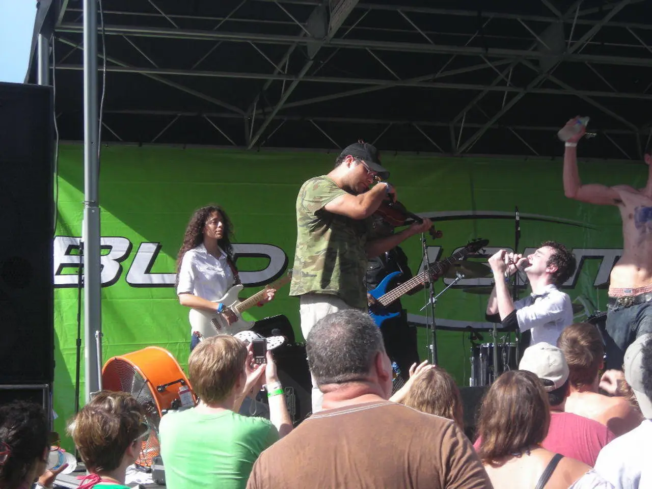 In the picture there is a music concert,group of people are playing music with different...