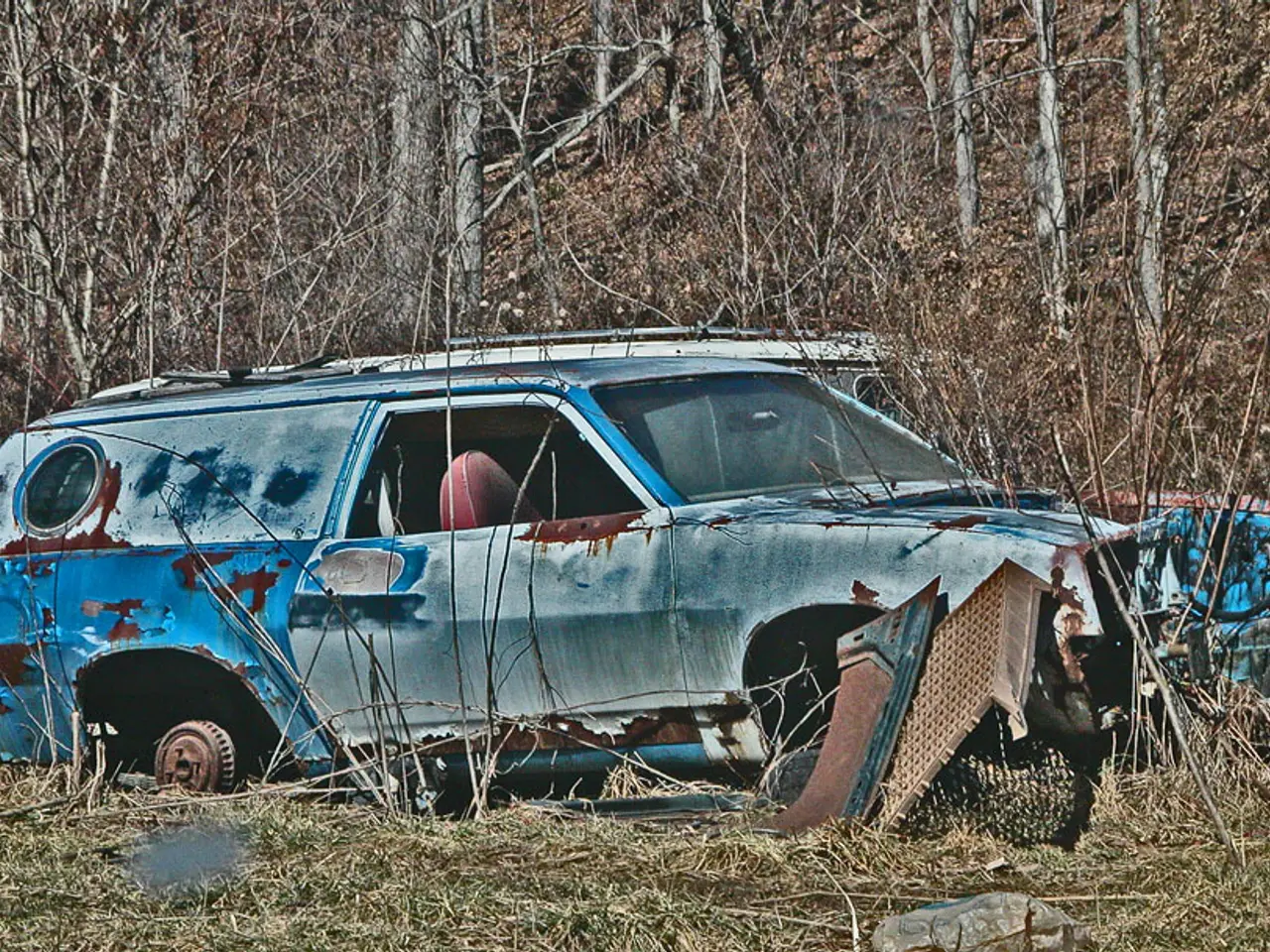 Here we can see abandoned vehicles on the ground and some other metal items. In the background...
