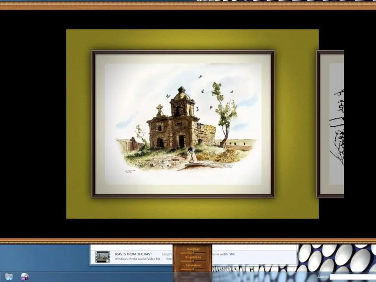 In this image, we can see a computer screen. There is a depiction of a kid, building and tree in...