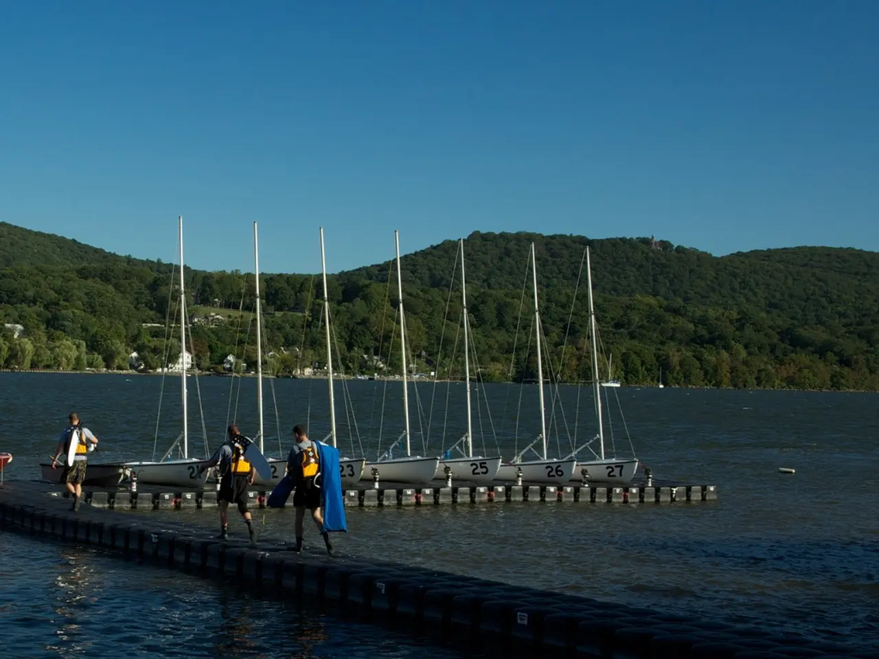 In this picture there are ships in the center of the image, on the water and there are people on...