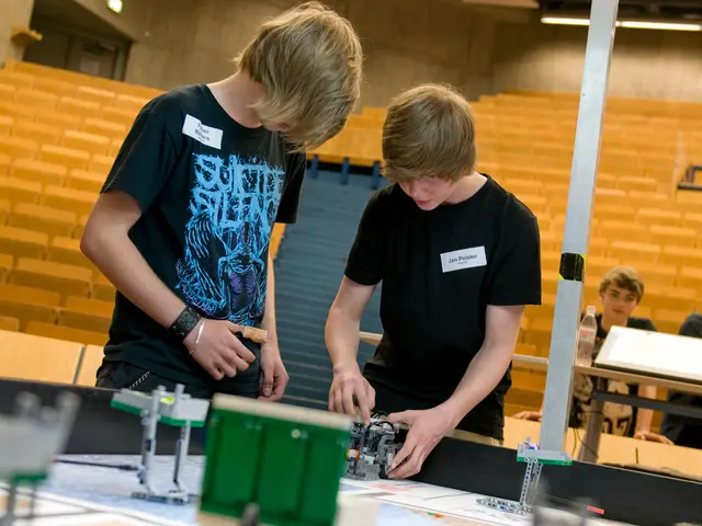 There are two boys standing and doing some lab work behind them there are two boys standing.