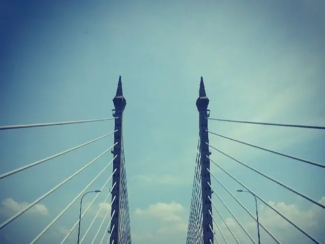 In this image, we can see poles. At the bottom, there are few vehicles on the road. Background we...