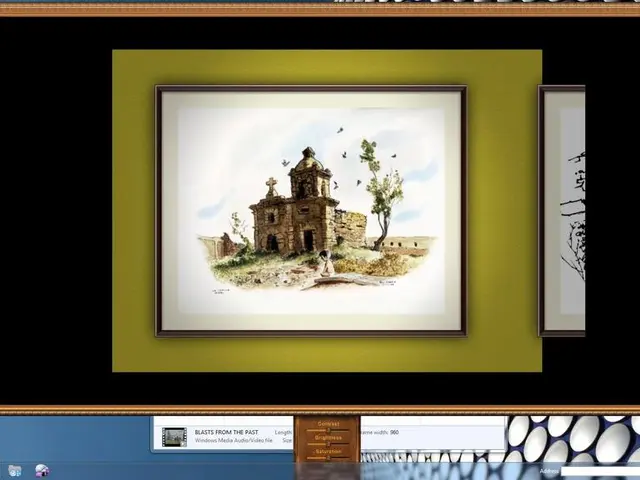 In this image, we can see a computer screen. There is a depiction of a kid, building and tree in...