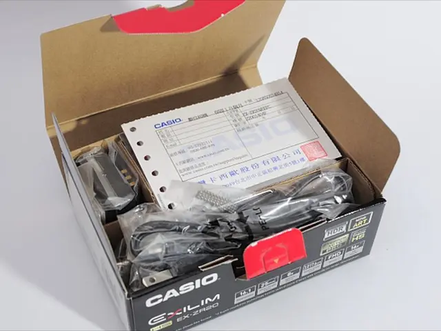 In this image we can see a Casio box and inside the box we can see the wires and also a receipt....